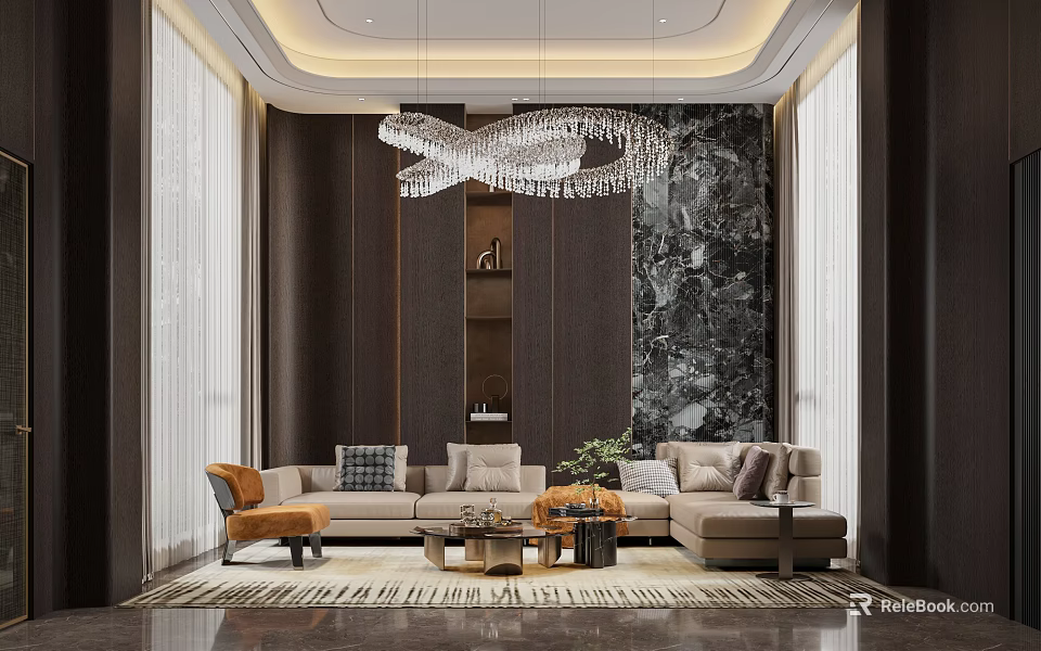Modern Luxury Living Room With Beige Sofa Chandelier And Marble Accent Wall 3d model 