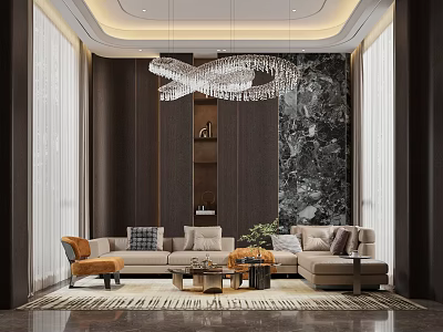 Modern Luxury Living Room With Beige Sofa Chandelier And Marble Accent Wall 3d model