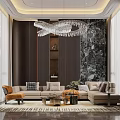 Modern Luxury Living Room With Beige Sofa Chandelier And Marble Accent Wall