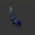 Mythical Game Character Blue Fox With Glowing Ears Tail Tip Yellow Eyes And Light Particles