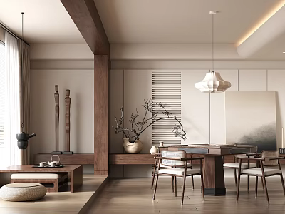 Minimalist Japanese Entertainment Room With Wooden Furniture Tea Area And Hanging Lamp 3d model