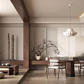 Minimalist Japanese Entertainment Room With Wooden Furniture Tea Area And Hanging Lamp