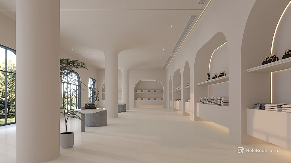 Modern Open Clothing Store Interior With White Arched Doors Shelves And Plants 3d model 