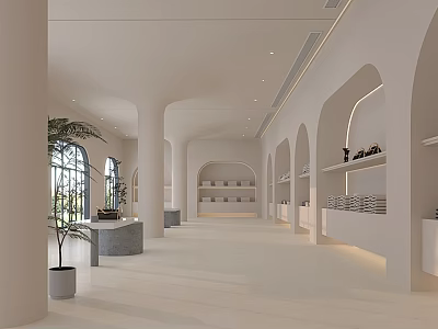 Modern Open Clothing Store Interior With White Arched Doors Shelves And Plants 3d model