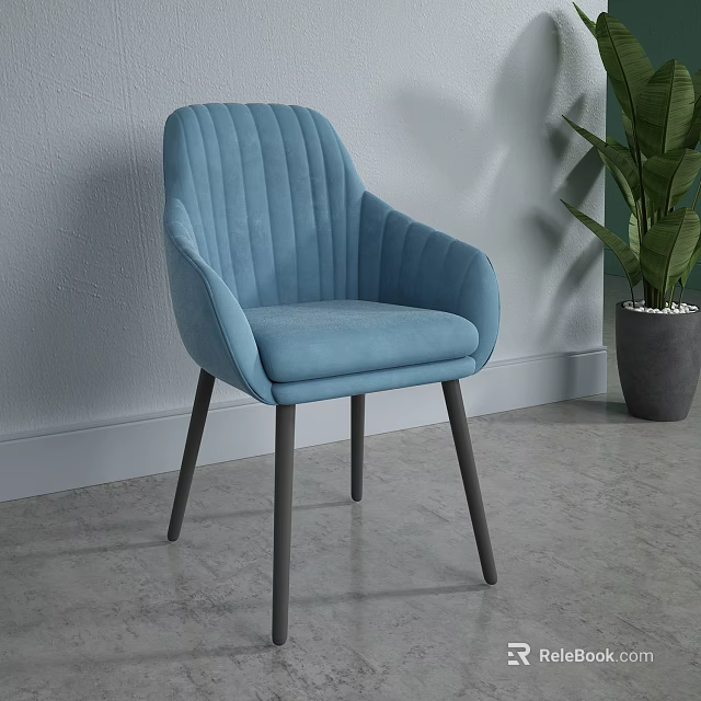 Modern Blue Ribbed Backrest Dining Chair With Armrest And Grey Legs Near Green Plant 3d model 