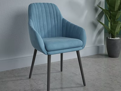 Modern Blue Ribbed Backrest Dining Chair With Armrest And Grey Legs Near Green Plant 3d model