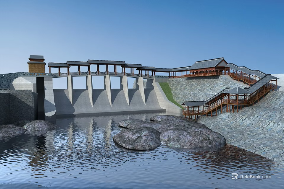 Traditional Dam Structure With Wooden Bridge And Staircases Near Water 3d model 