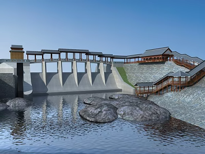 Traditional Dam Structure With Wooden Bridge And Staircases Near Water 3d model