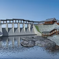 Traditional Dam Structure With Wooden Bridge And Staircases Near Water