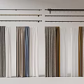 Various Curtain Designs With Patterned Solid Fabrics Neutral Blue Tones And Metal Rods 3d model