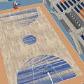 Basketball Gymnasium Interior With Wooden Court Blue Yellow Seats And Scoreboard