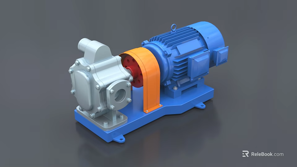 Industrial Pump With Blue Motor Silver Pump Body Orange Coupling And Stable Base 3d model
