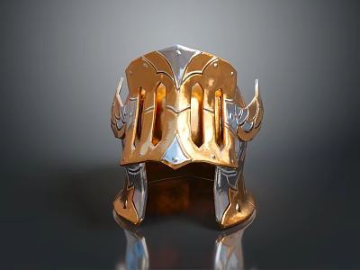 Ornate Metallic Weapon Helmet in Gold and Silver with Decorative Horns and Reflective Finish 3d model