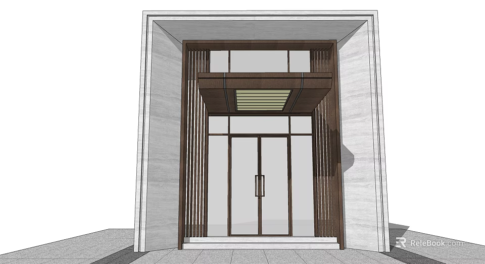 Modern Entrance Gate With Double Glass Door Stone Wall Vertical Strips And Ceiling Light 3d model 