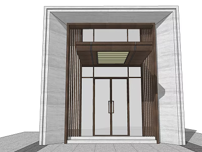 Modern Entrance Gate With Double Glass Door Stone Wall Vertical Strips And Ceiling Light 3d model