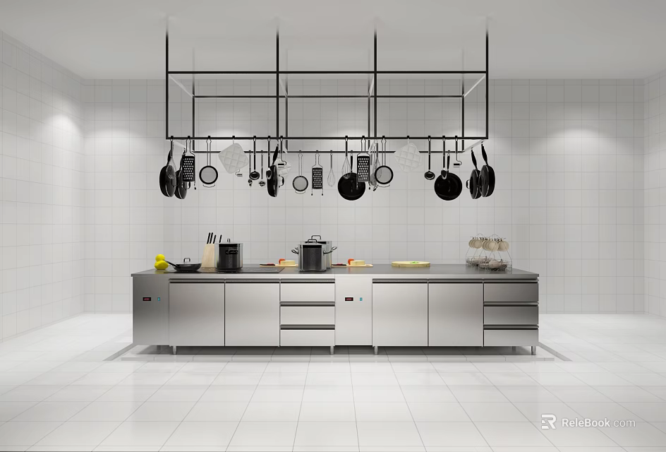 Modern Kitchen Interior With White Tiled Walls Stainless Steel Island And Hanging Pans Kitchen Appliances 3d model 