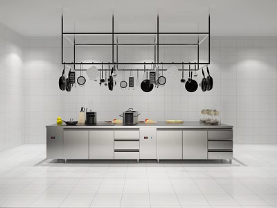 Modern Kitchen Interior With White Tiled Walls Stainless Steel Island And Hanging Pans Kitchen Appliances 3d model