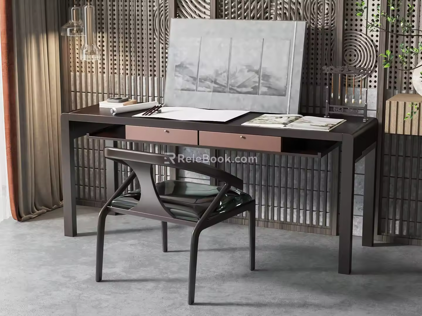 New Chinese Style Desk and Chair Desk and Chair Combination 3d model