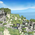 Hand Drawn Medieval Castle Town Landscape With Towers Walls And Trees