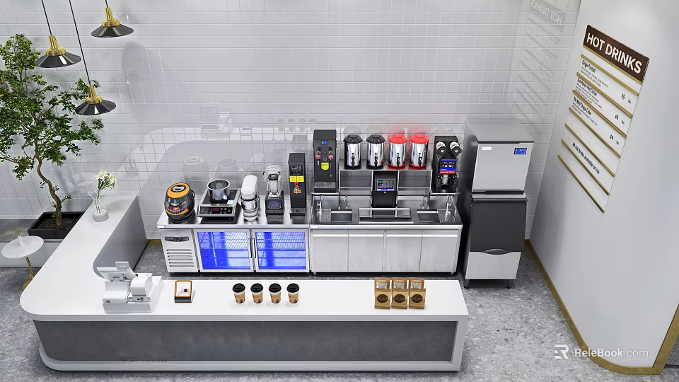 Bubble Tea Shop Interior With Making Counter Various Equipment And Drink Ingredients 3d model 