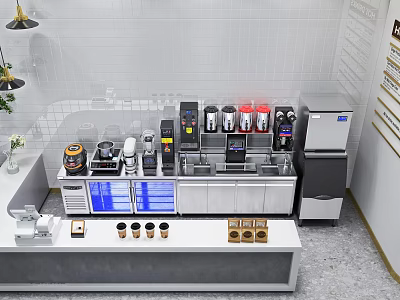 Bubble Tea Shop Interior With Making Counter Various Equipment And Drink Ingredients 3d model