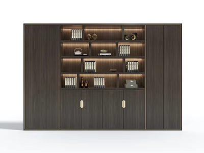Modern Dark Wood Bookcase Design With Shelves Doors Books And Decorative Items 3d model