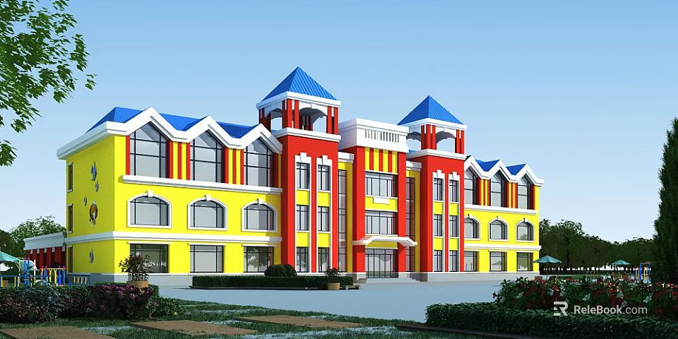 Colorful School Building With Blue Roof Red Walls Yellow Facade Windows And Green Lawn 3d model 
