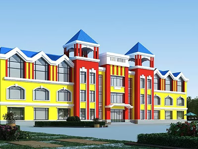 Colorful School Building With Blue Roof Red Walls Yellow Facade Windows And Green Lawn 3d model