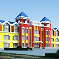 Colorful School Building With Blue Roof Red Walls Yellow Facade Windows And Green Lawn