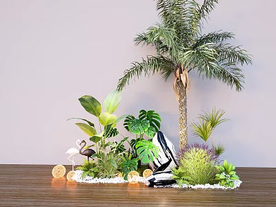 Tropical Courtyard Garden With Palm Tree Green Plants Flamingo Decor Small Lights And Pebbles 3d model