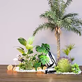 Tropical Courtyard Garden With Palm Tree Green Plants Flamingo Decor Small Lights And Pebbles