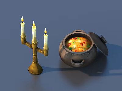 Warm Delicious Soup in Open Pot with Lit Candles on Brass Holder 3d model