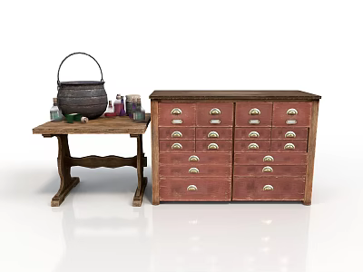 Vintage Wooden Table With Metal Pot And Bottles Alongside Red Multi Drawer Cabinet 3d model