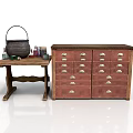 Vintage Wooden Table With Metal Pot And Bottles Alongside Red Multi Drawer Cabinet
