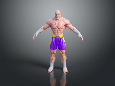 Bald Head Muscular Game Movie Character With Purple Shorts Yellow Belt White Wrist Guards 3d model