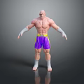 Bald Head Muscular Game Movie Character With Purple Shorts Yellow Belt White Wrist Guards