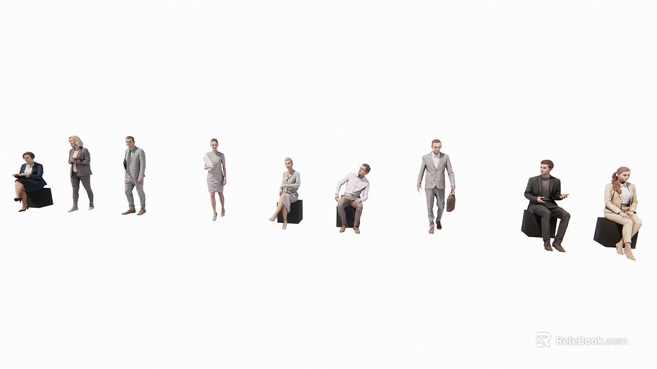 Group of Business Professionals Standing and Sitting in Formal Attire with Briefcases 3d model 