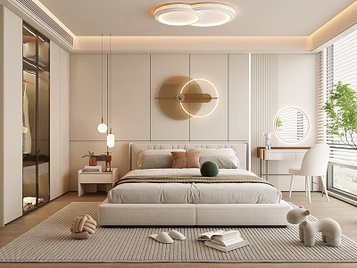 Modern Elegant Bedroom Interior With Beige Bed Round Wall Art And Pendant Lights 3d model