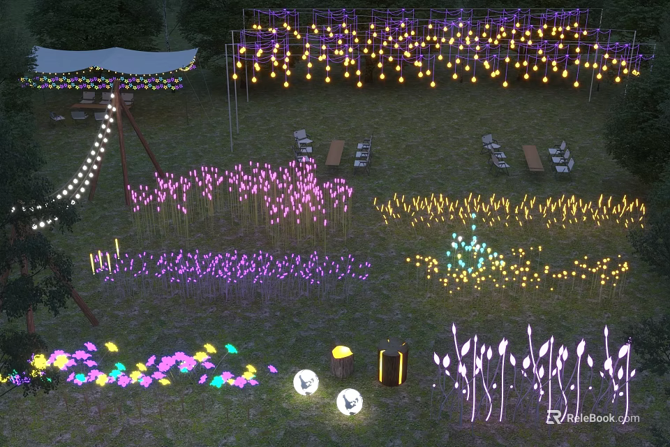 Outdoor Lawn Decorative Lights With Flower Shaped Purple Yellow String And Ground Lamps 3d model 