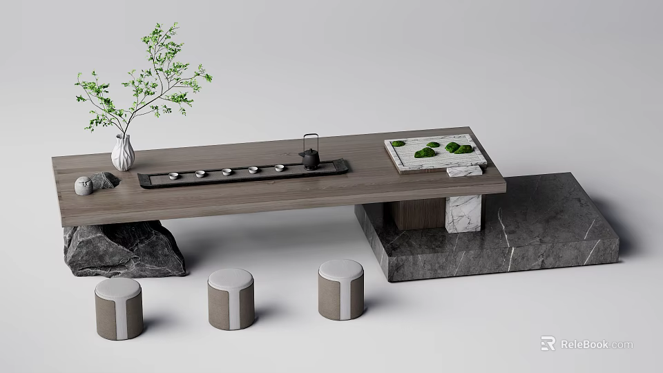 Modern Wooden Tea Table Set with Green Plant Tea Set and Stone Base Stools 3d model 