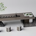 Modern Wooden Tea Table Set with Green Plant Tea Set and Stone Base Stools