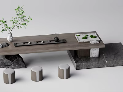 Modern Wooden Tea Table Set with Green Plant Tea Set and Stone Base Stools 3d model