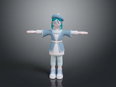 Cute 3D Game and Movie Character with Teal Hair Blue Beret and Arms Outstretched 3d model