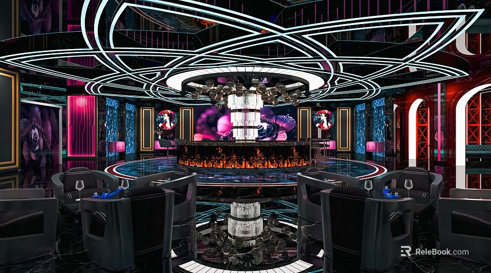 Modern Luxury KTV Interior With Neon Lights Stage Comfortable Seats And Colorful Lighting Effects 3d model 