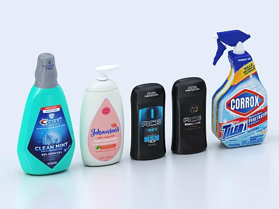 Essential Bathroom Accessories With Liquid Soap Cleaning Spray Deodorant And Shaving Cream 3d model