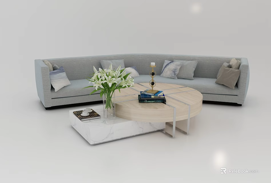 Gray Sectional Sofa With Pillows And Round Coffee Table With Flowers Books 3d model