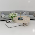 Gray Sectional Sofa With Pillows And Round Coffee Table With Flowers Books 3d model