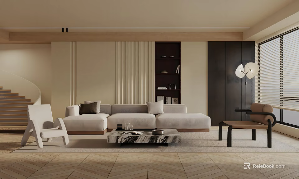 Modern Living Room Interior Design With Beige Sofa White Chair And Dark Bookshelf 3d model 