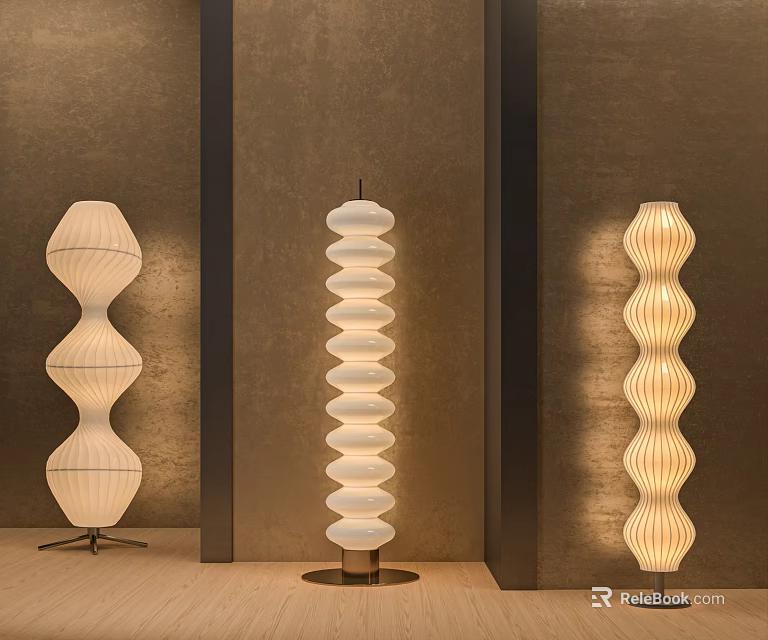 Modern Floor Lamps With Spiral And Wave Designs In Interior Setting 3d model 