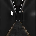 Modern Hotel Corridor Interior With Black Walls Carpet And LED Strip Lighting